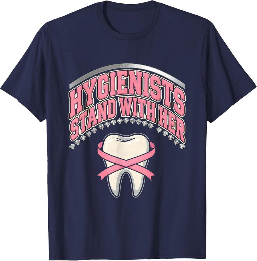 Hygienists Stand With Her Sparkle Varsity Pink Ribbon Dental T-Shirt - Navy Blue