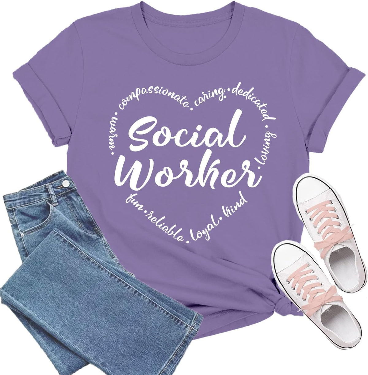 Social Worker Shirt Social Work Life T-Shirt Letters Heart Printing Tee Tops - Purple