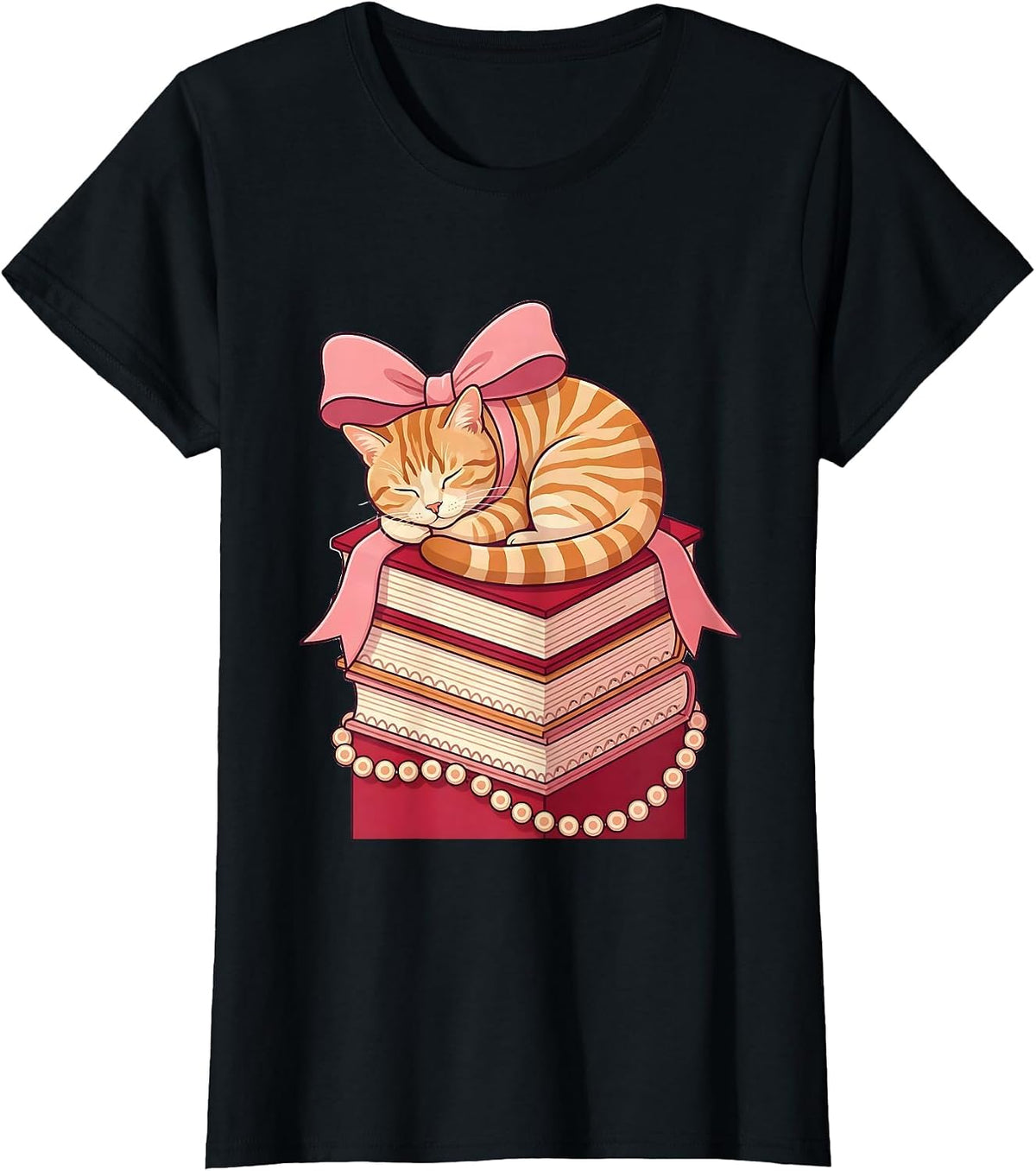Tabby Cat Napping on Stacked Books Illustration T-Shirt - Black