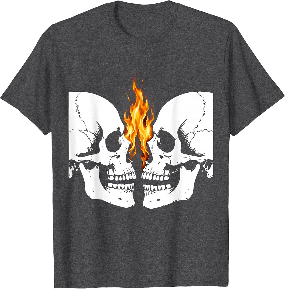 Dual Skull Flames Metal Band Graphic Design T-Shirt - Dark Heather Grey