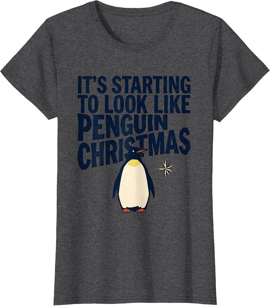 Women's It's Starting To Look Like Penguin Christmas Funny T-Shirt - Dark Heather Grey