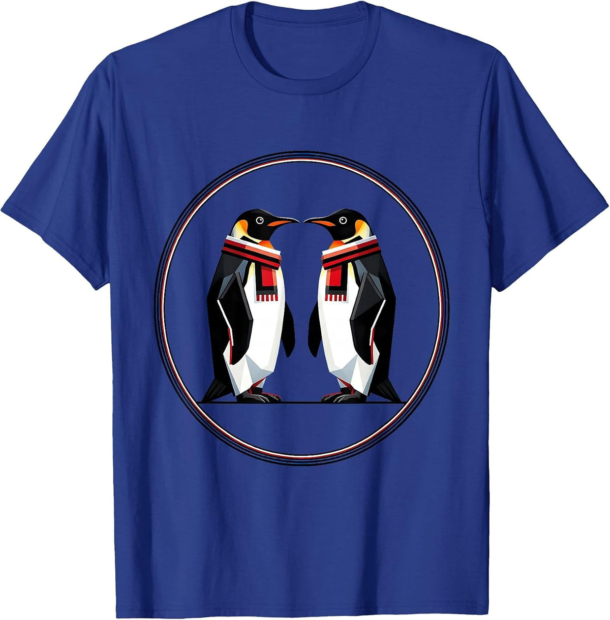 Twin Day Matching Penguins Scarf Illustration T-Shirt - Royal Blue