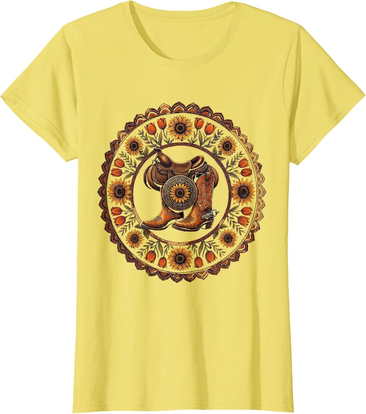 Cowgirl Boots Spurs and Saddle Western Graphic T-Shirt - Lemon Yellow
