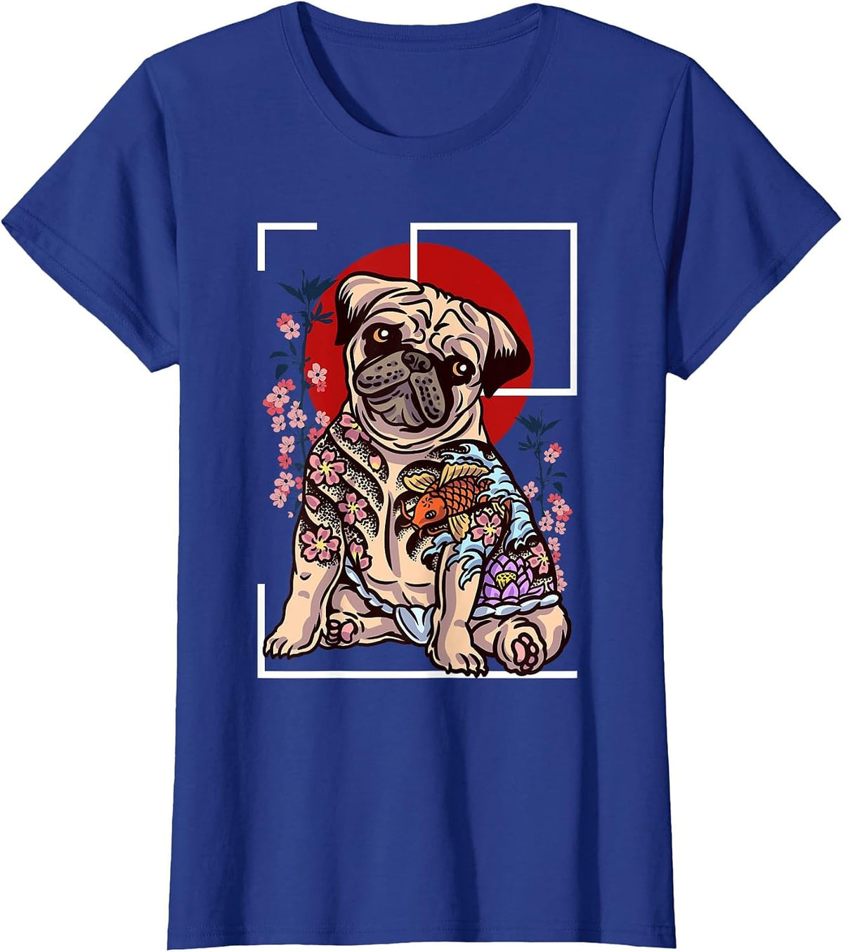 Japanese Tattoo Pug Dog Lover of Pug Yakuza Style Koi Fish T-Shirt - Royal Blue