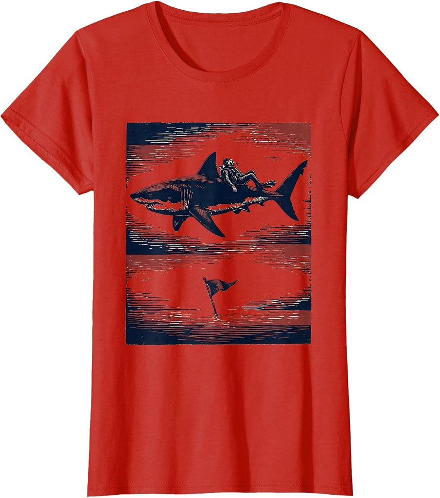 Women's Shark Silhouette Scuba Diver Linocut Humor Gift T-Shirt - Red