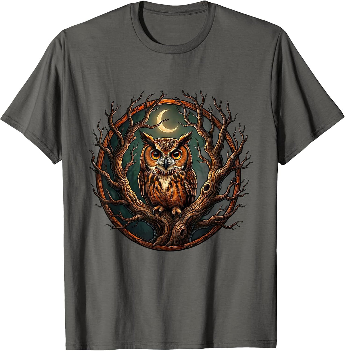 Men's Halloween Owl Glowing Eyes Dead Tree Illustration T-Shirt - Asphalt Grey