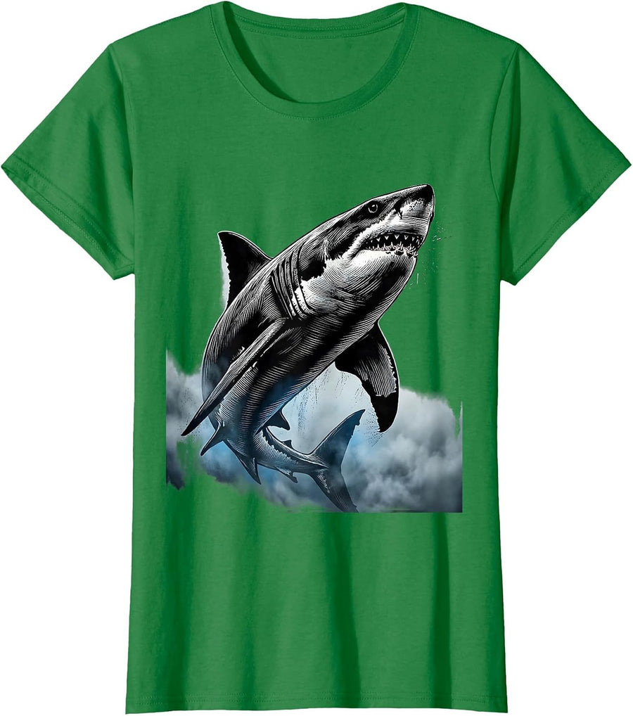 Women's Shark Emerging From Ocean Fog Illustration T-Shirt - Kelly Green