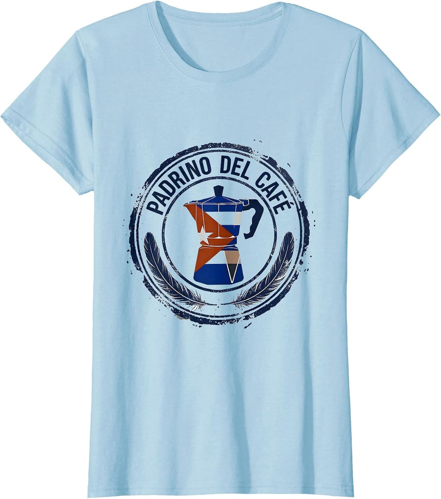 Women's Padrino Del Café Rubber Stamp Cuban Heritage Family Humor T-Shirt - Baby Blue