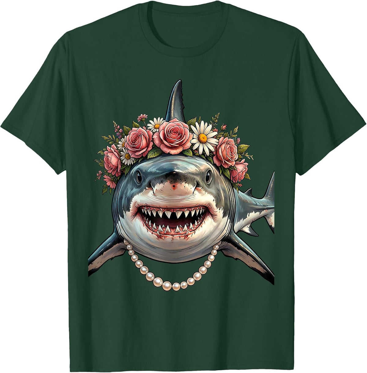 Mommy Shark Pearl Necklace Flower Crown Design T-Shirt - Dark Green