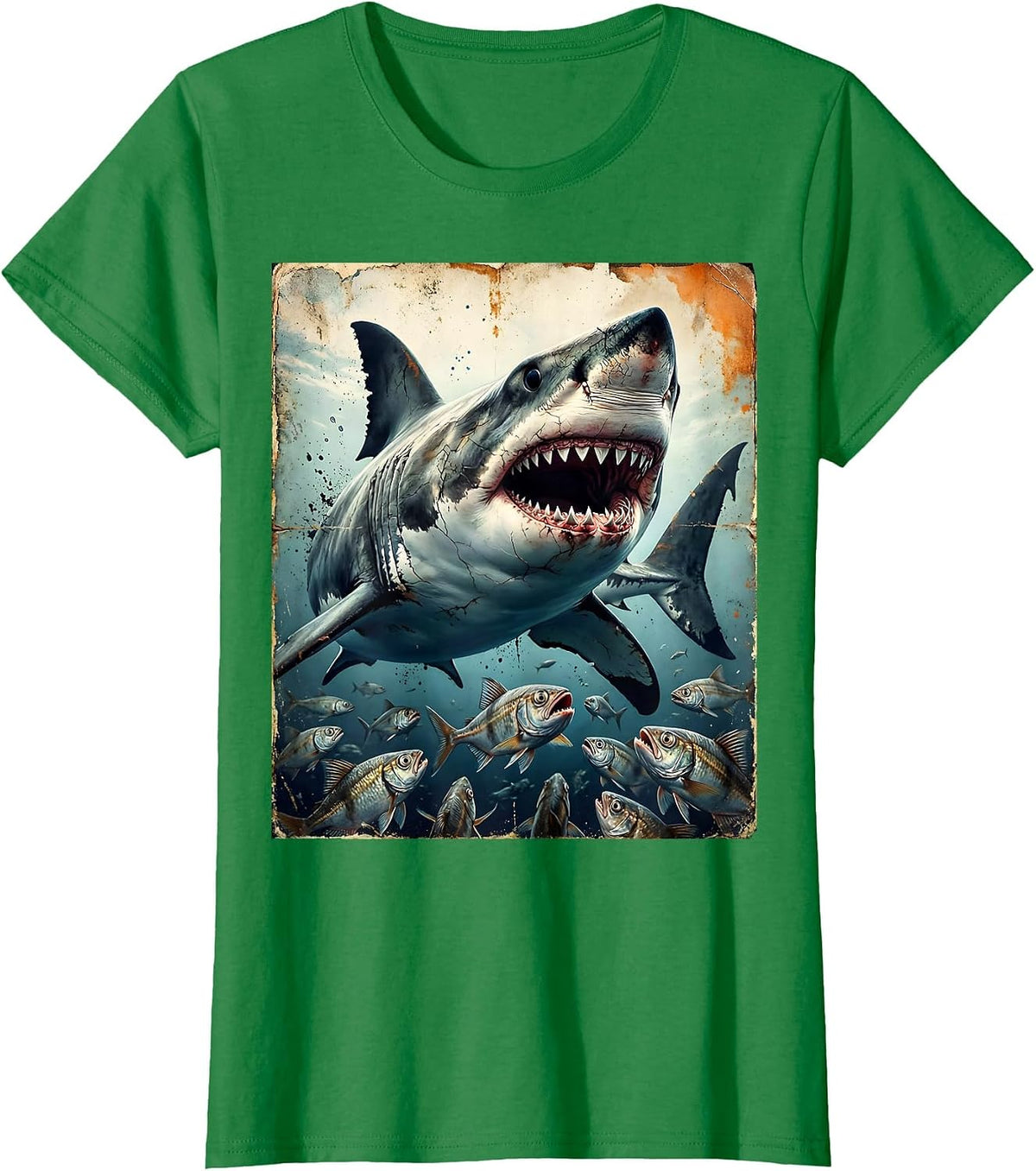 Women's Friendly Shark Waving at Tiny Fish Illustration T-Shirt - Kelly Green