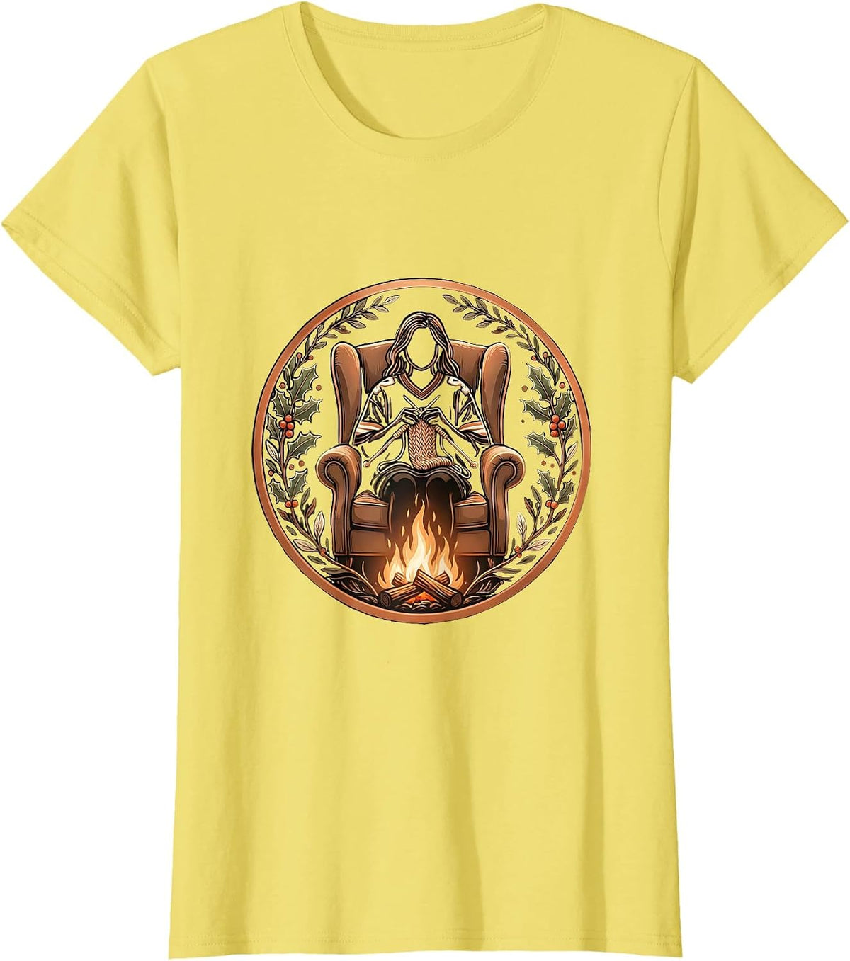 Tis The Season Football Knitting Fireplace T-Shirt - Lemon Yellow