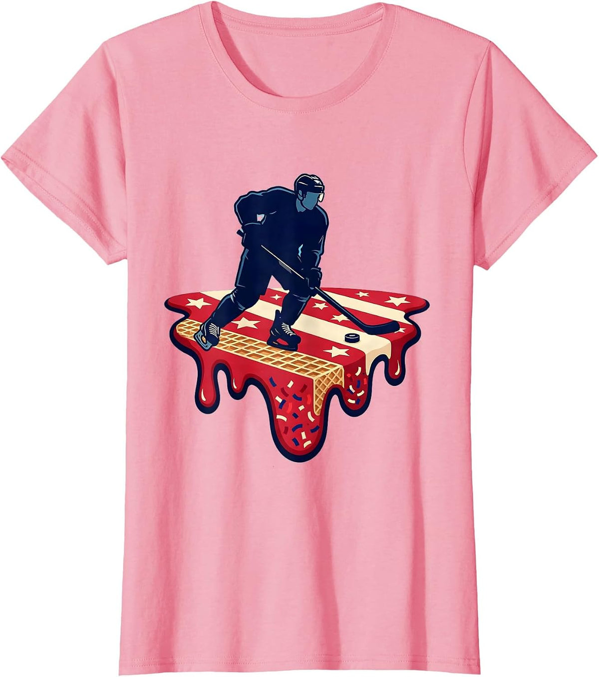 Women's Hockey Skater Ice Cream Drip Patriotic Boys 4th Of July T-Shirt - Pink