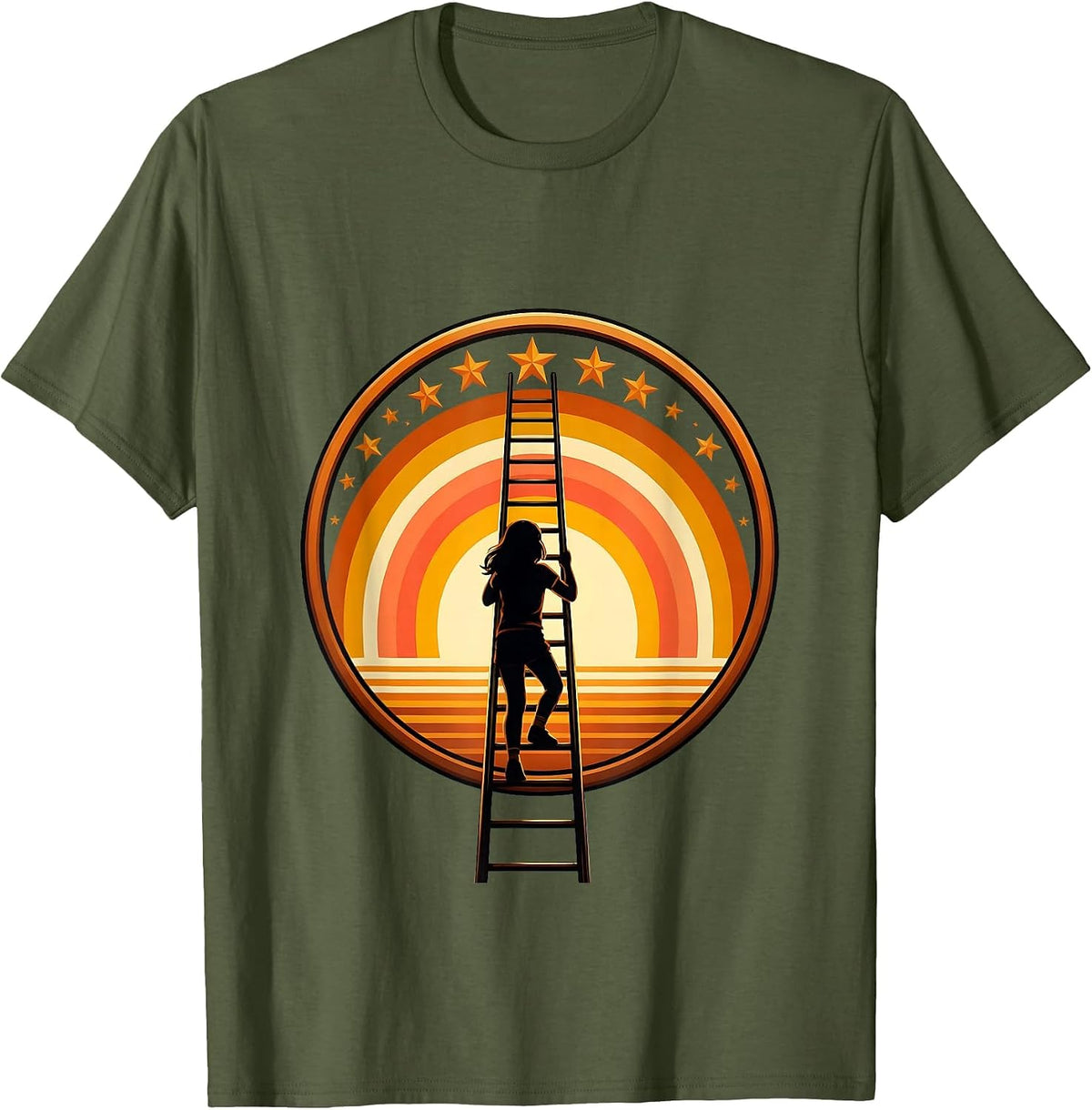 Girl Climbing Ladder Into Starry Sky Illustration T-Shirt - Olive Green