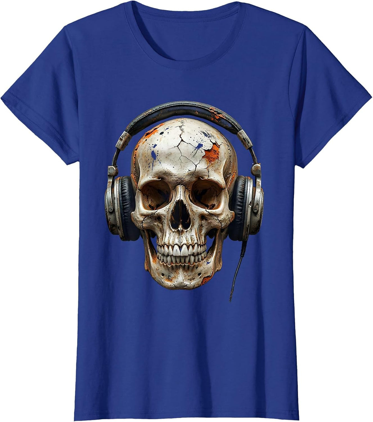 Women's Skull Vintage Headphones Rock and Roll Graphic T-Shirt - Royal Blue