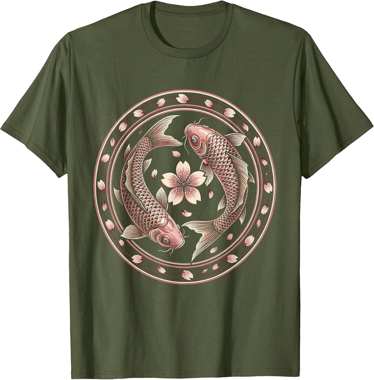 Men's Koi Fish Pink Cherry Blossom Breast Cancer Awareness T-Shirt - Olive Green