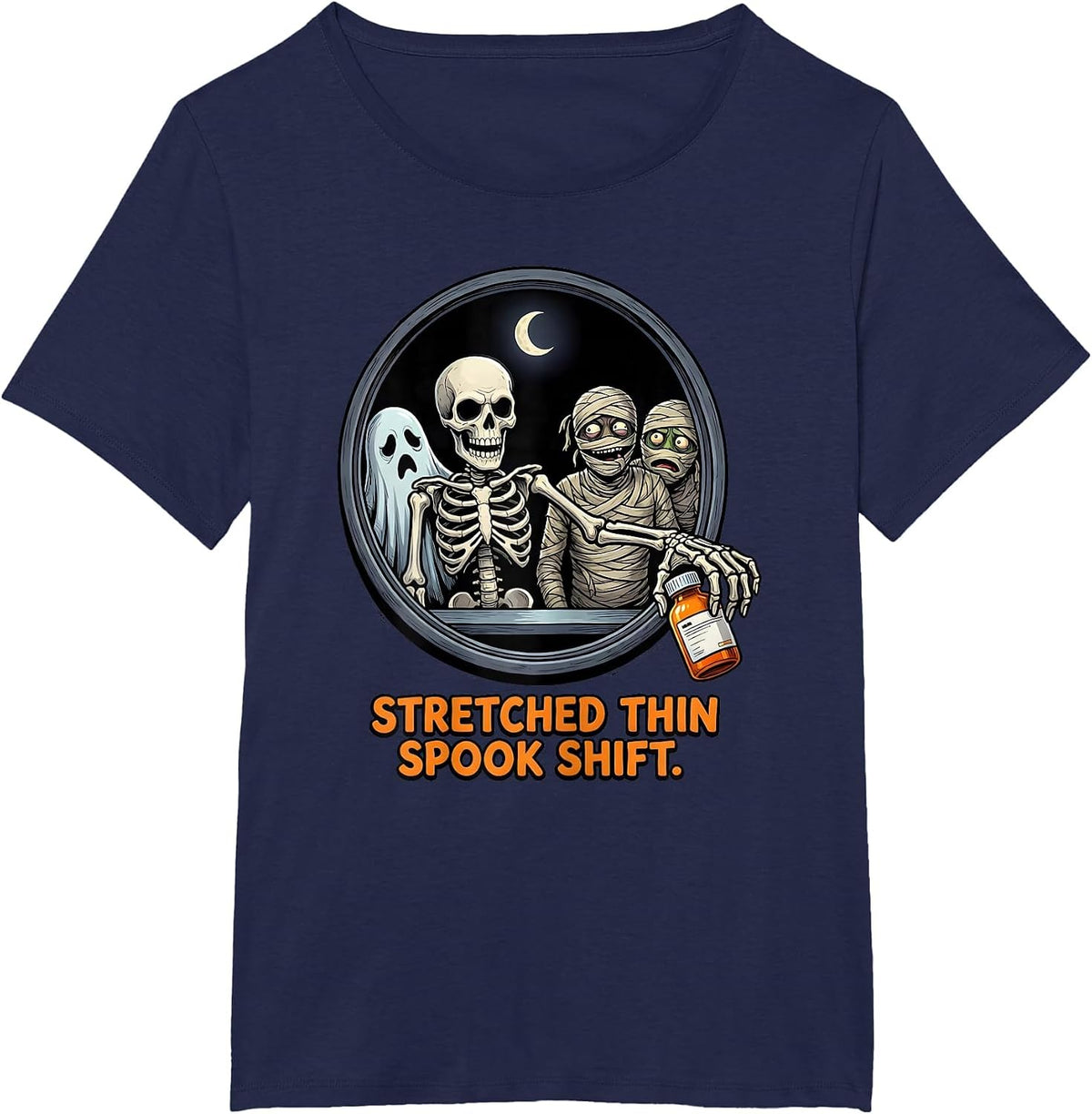 Women's Stretched Thin Spook Shift Funny Pharmacy Tech Halloween T-Shirt - Navy Blue