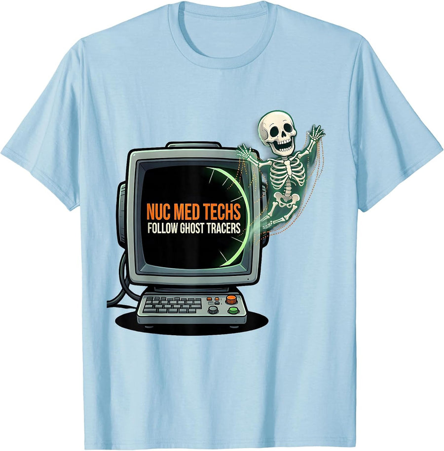 Men's Nuc Med Techs Follow Ghost Tracers Cartoon Radiology Tech T-Shirt - Baby Blue