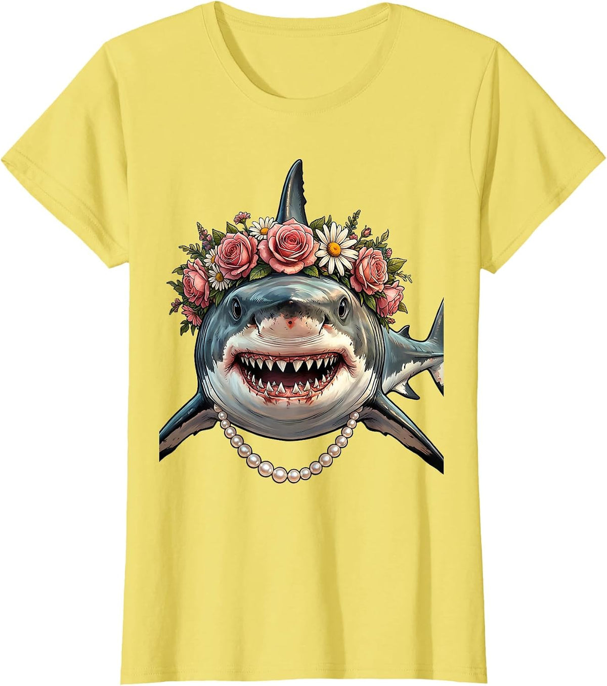 Mommy Shark Pearl Necklace Flower Crown Design T-Shirt - Lemon Yellow
