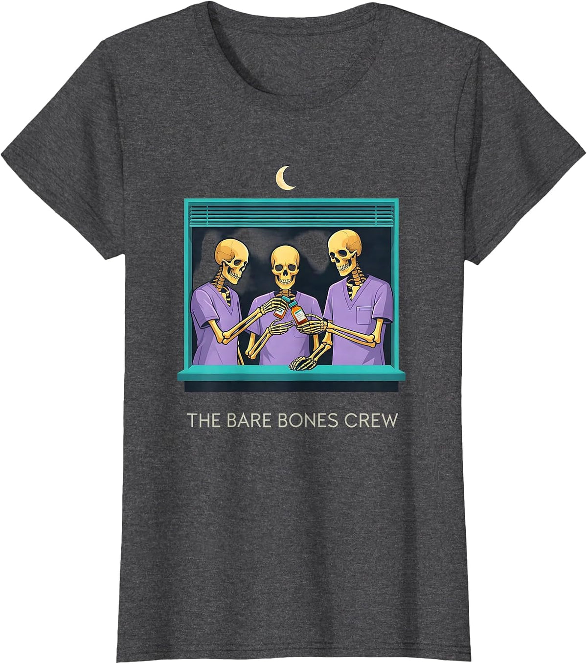Women's The Bare Bones Crew Funny Pharmacy Tech Halloween Crew T-Shirt - Dark Heather Grey