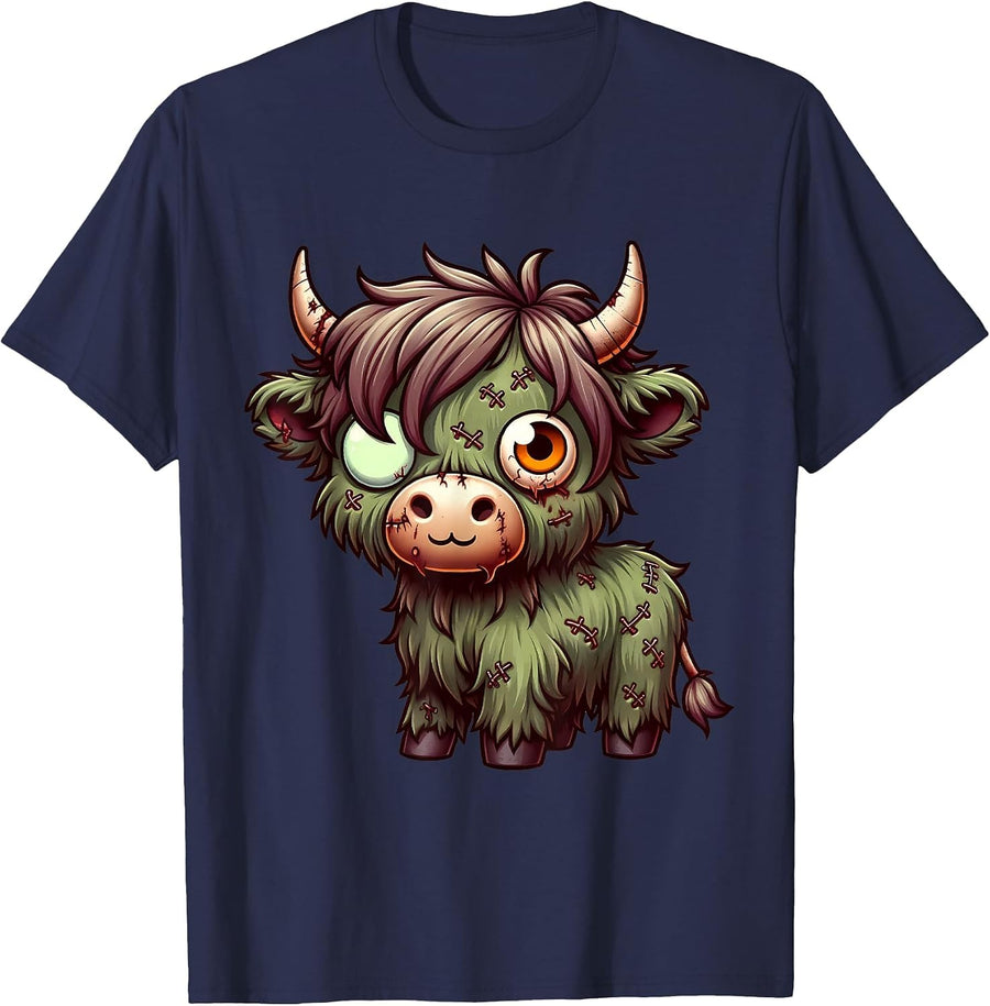Highland Cow Zombie Halloween Farm Animal Women Girls T-Shirt - Navy Blue
