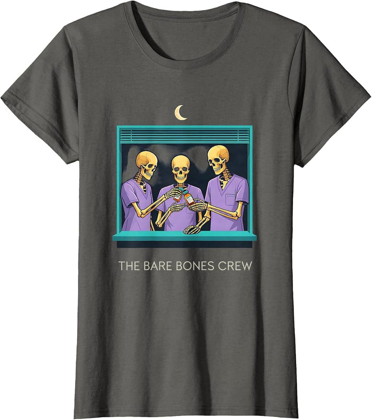 Women's The Bare Bones Crew Funny Pharmacy Tech Halloween Crew T-Shirt - Asphalt Grey