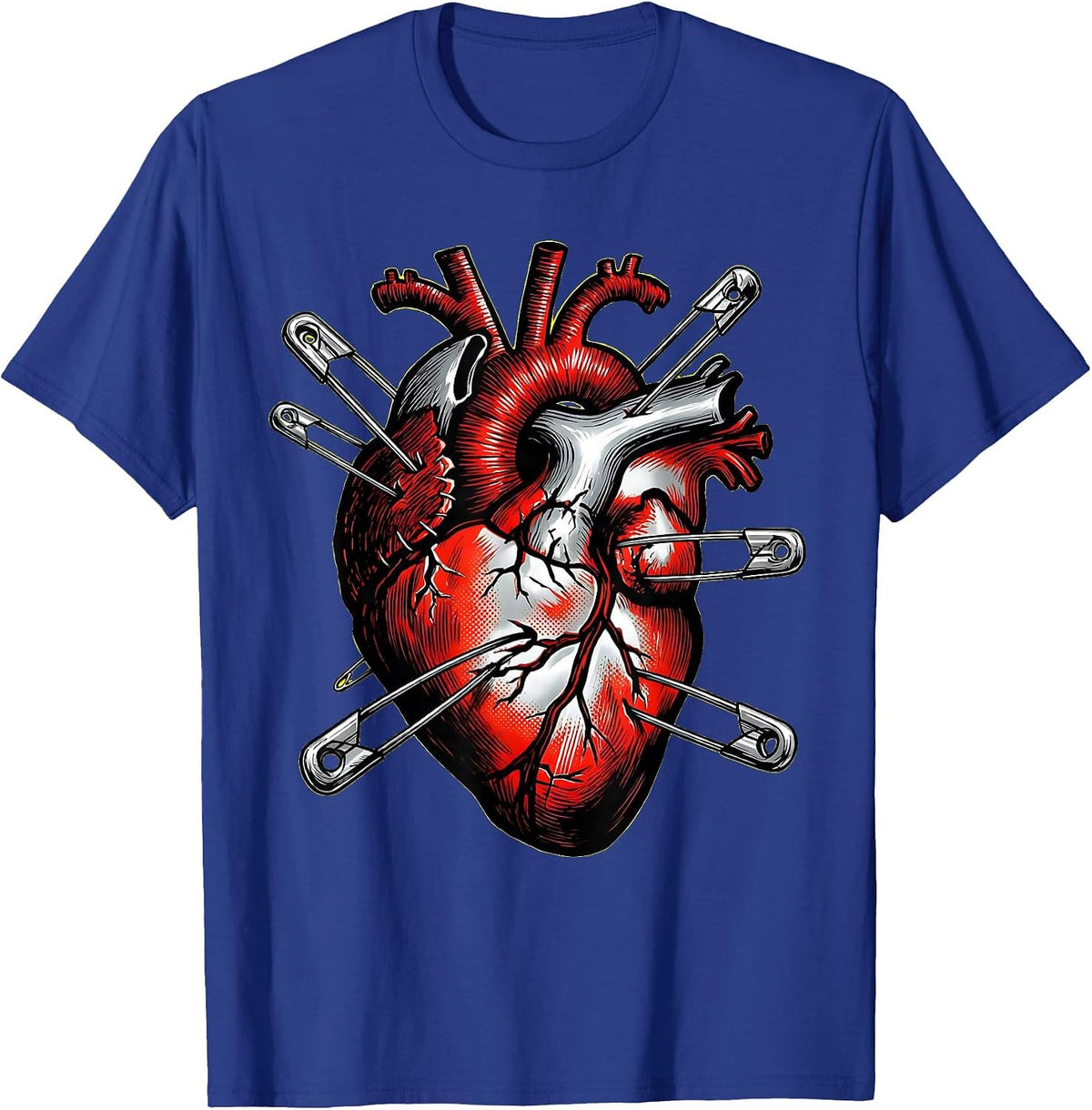 Punk Rock Safety Pin Stitched Heart Graphic T-Shirt - Royal Blue