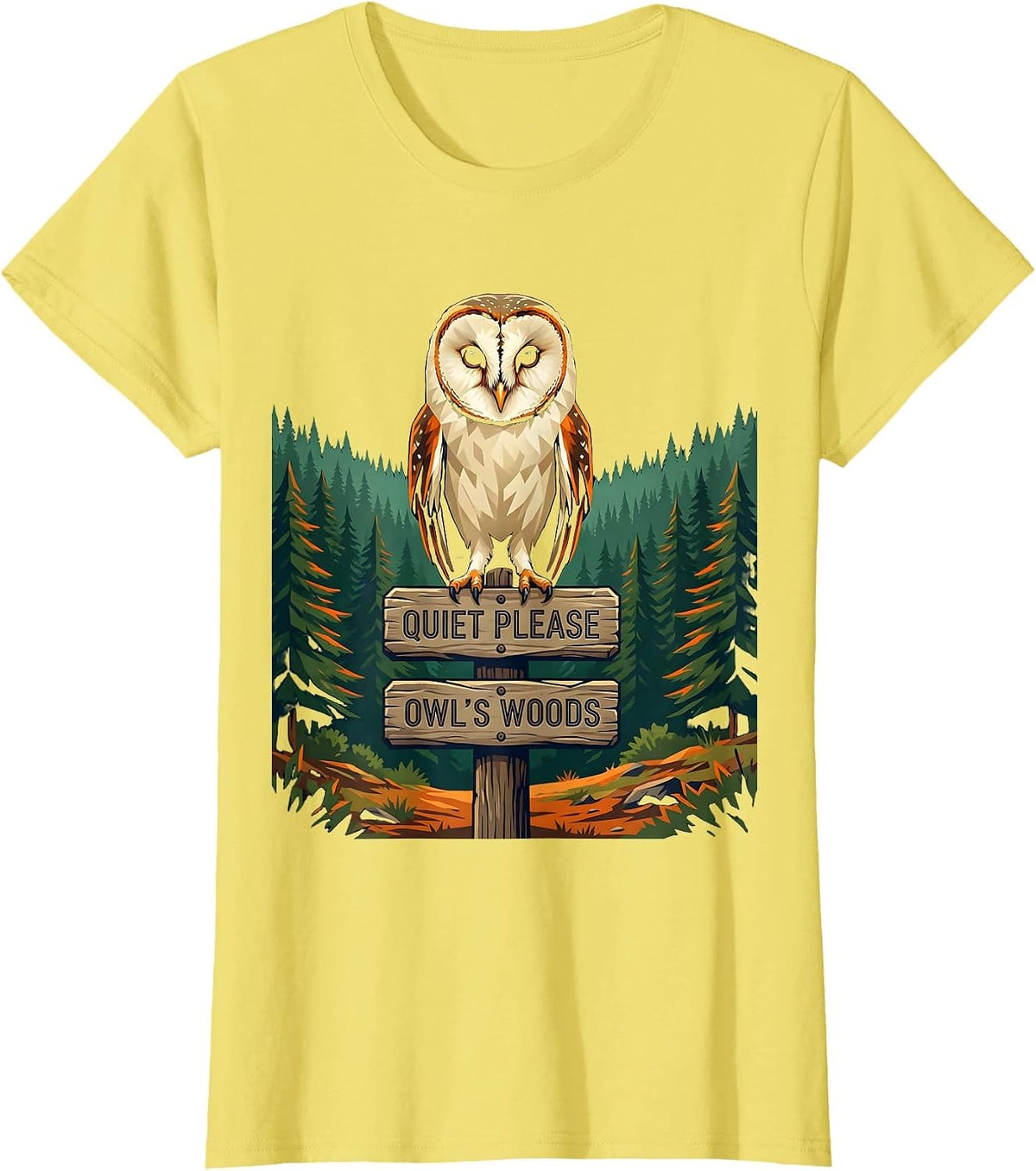 Women's Quiet Please Owl's Woods Nature Lover Forest Wildlife Gift T-Shirt - Lemon Yellow