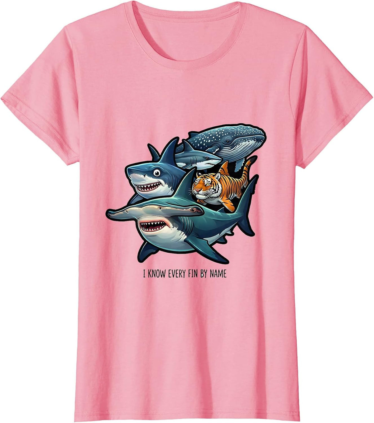 Women's I Know Every Fin By Name Funny Shark Lover Ocean Wildlife T-Shirt - Pink
