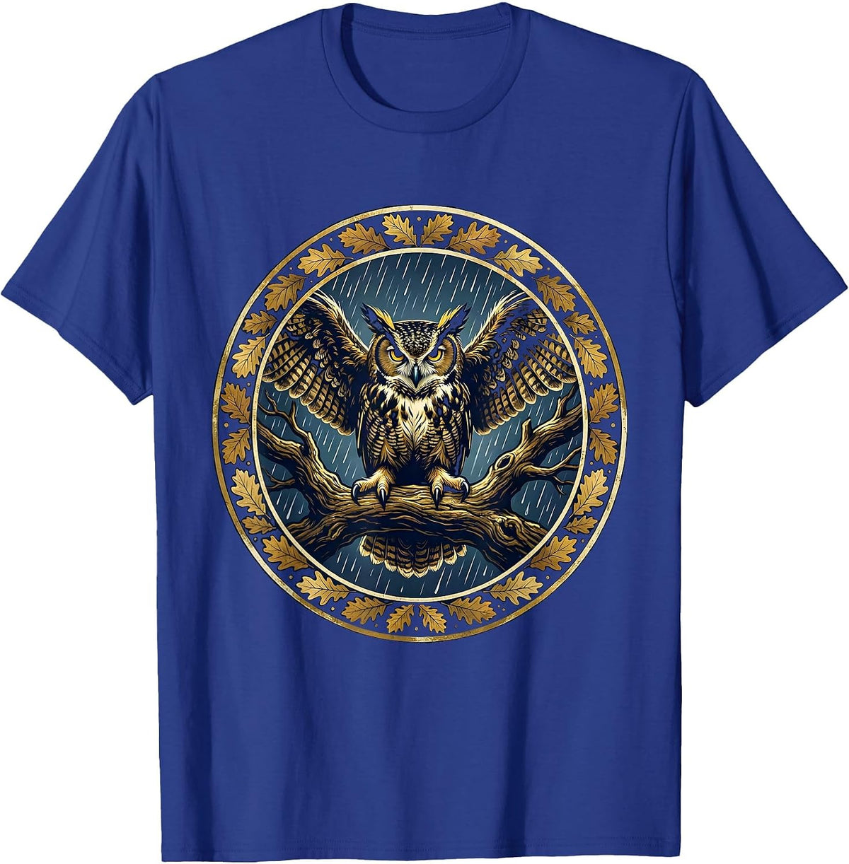 Men's Owl on Branch Rainy Night Fall Illustration T-Shirt - Royal Blue