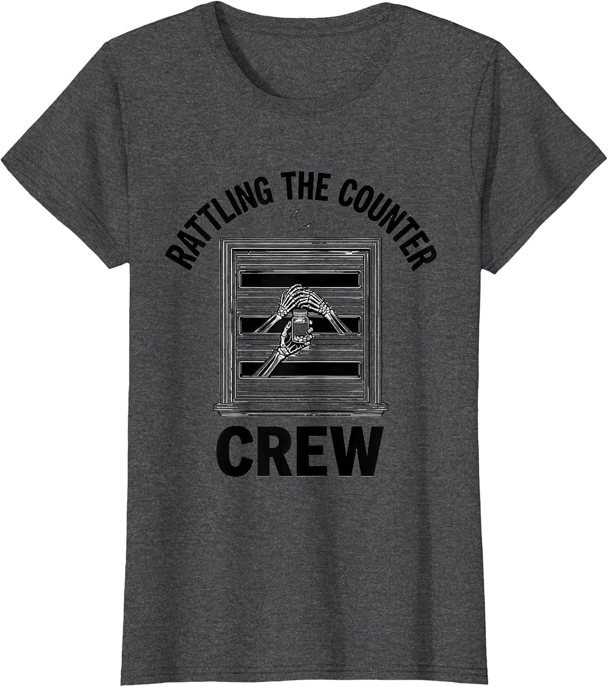 Women's Rattling The Counter Crew Funny Pharmacy Tech Skeleton T-Shirt - Dark Heather Grey