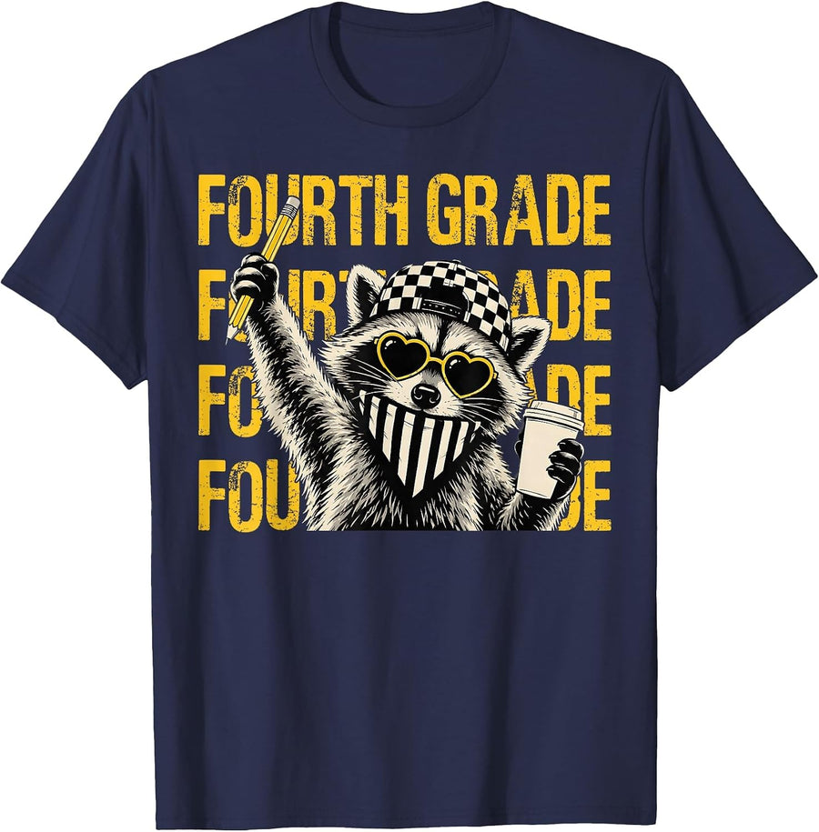 Funny Fourth Grade Teacher Feral Raccoon Back to School T-Shirt - Navy Blue