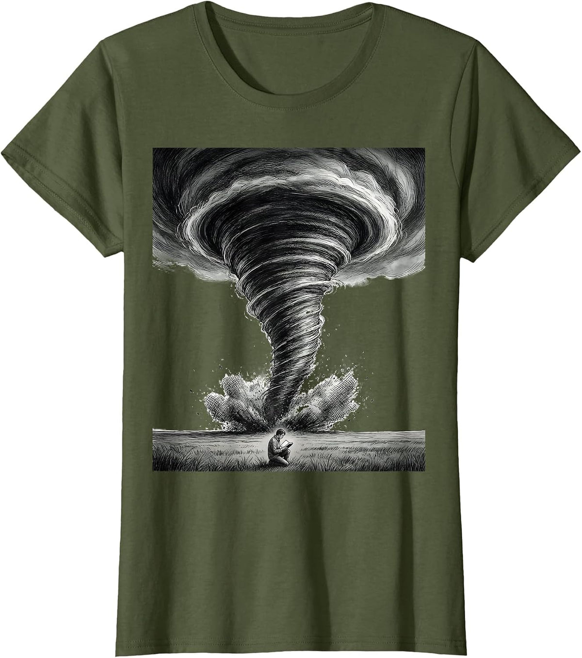 Women's Oversized Tornado Funnel Storm Chaser Meteorology Enthusiast T-Shirt - Olive Green
