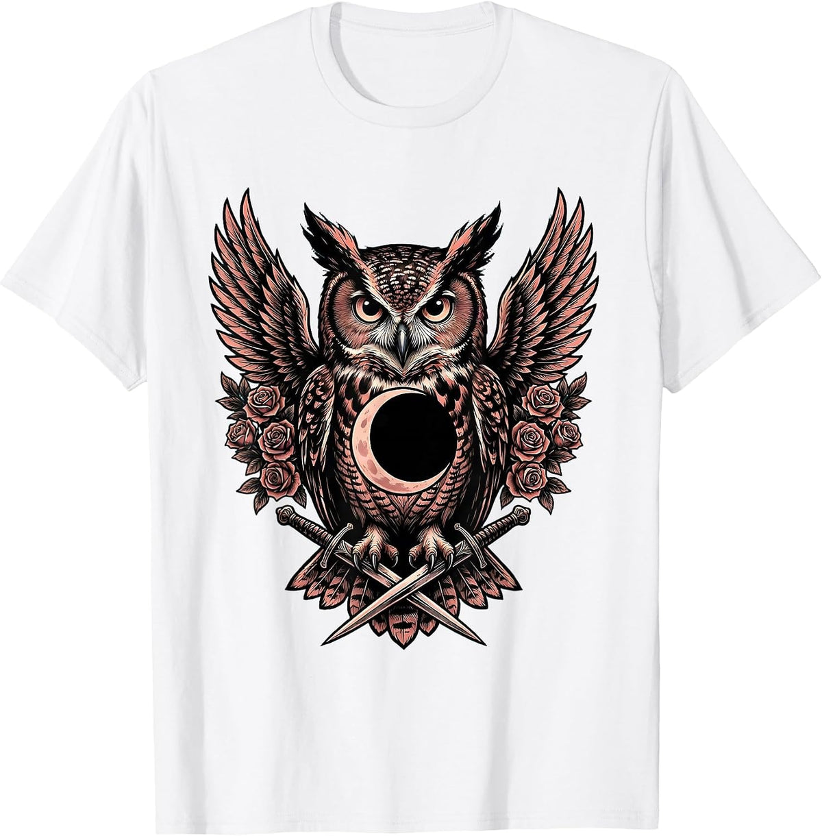 Men's Halloween Owl Crescent Moon Illustration T-Shirt - White