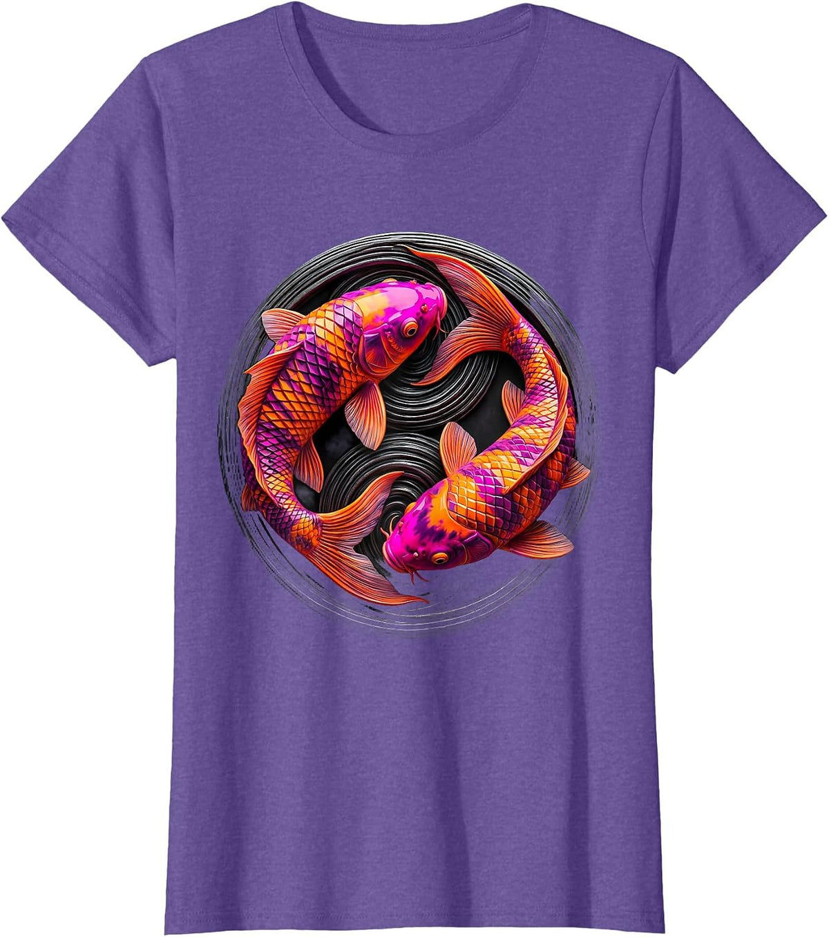 Tie Dye Koi Fish Spiral Current Illustration T-Shirt - Purple Heather