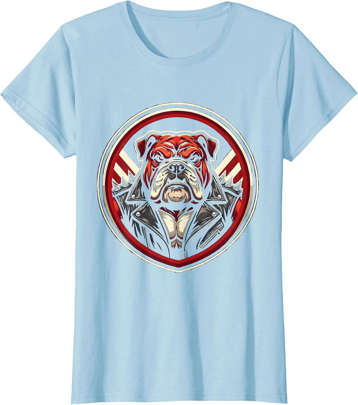 Bulldog Biker Spiked Leather Jacket Graphic T-Shirt - Baby Blue