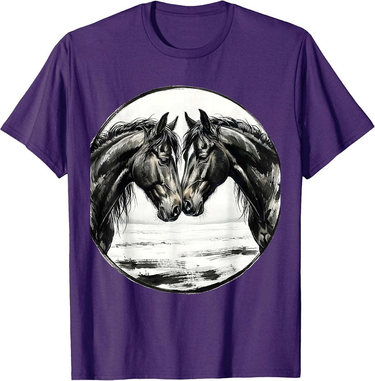 Two Horses Touching Noses in Snowy Field T-Shirt - Purple