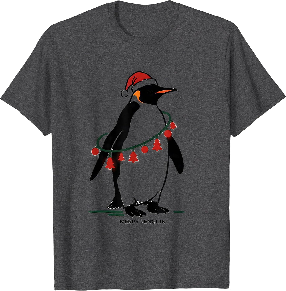 Men's Merry Penguin Funny Penguin Christmas Graphics Animal Lights T-Shirt - Dark Heather Grey