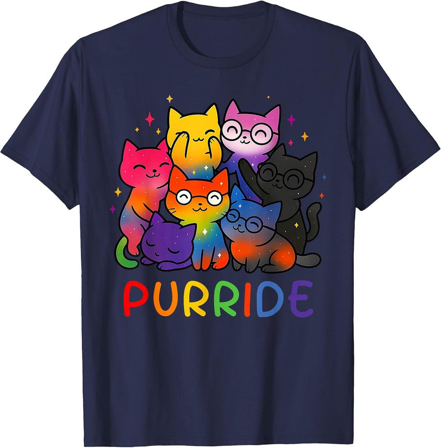 Purride Cat Stack Rainbow Pride LGBT T-Shirt - Navy Blue