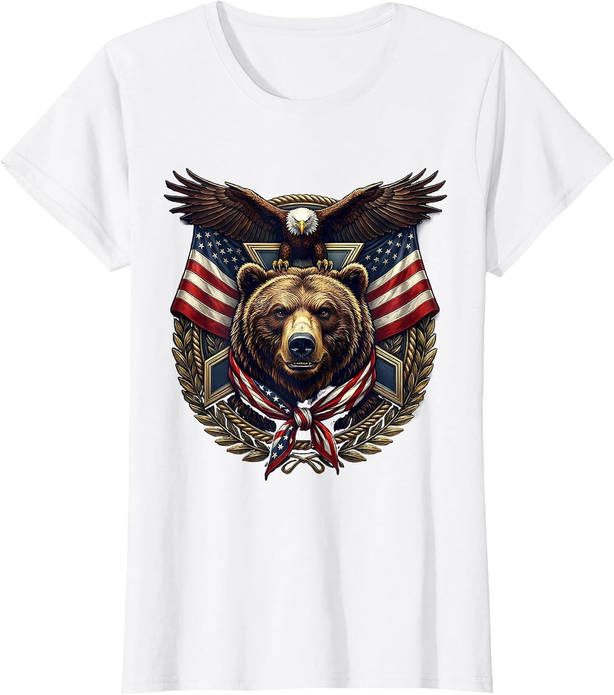 Patriotic Bear Star-Spangled Bandana Graphic T-Shirt - White