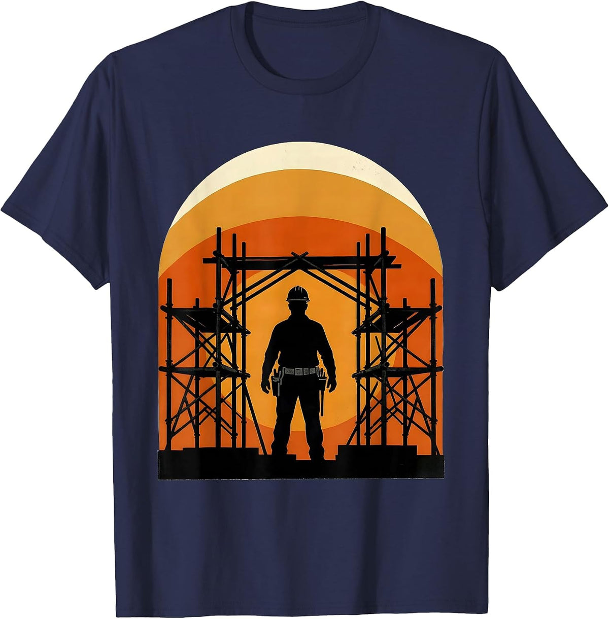 Construction Worker Sunset Scaffolding Graphic T-Shirt - Navy Blue