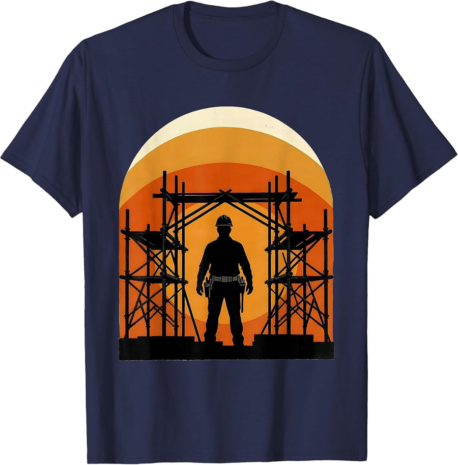 Construction Worker Sunset Scaffolding Graphic T-Shirt - Navy Blue
