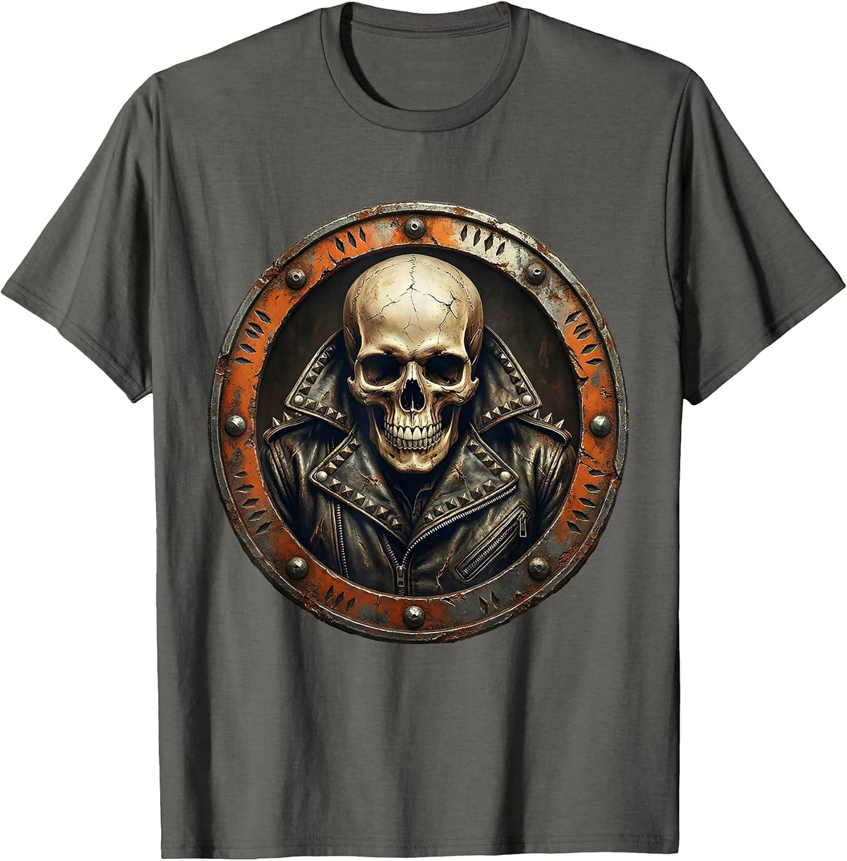 Skull in Studded Leather Jacket 80s Rock Art T-Shirt - Asphalt Grey