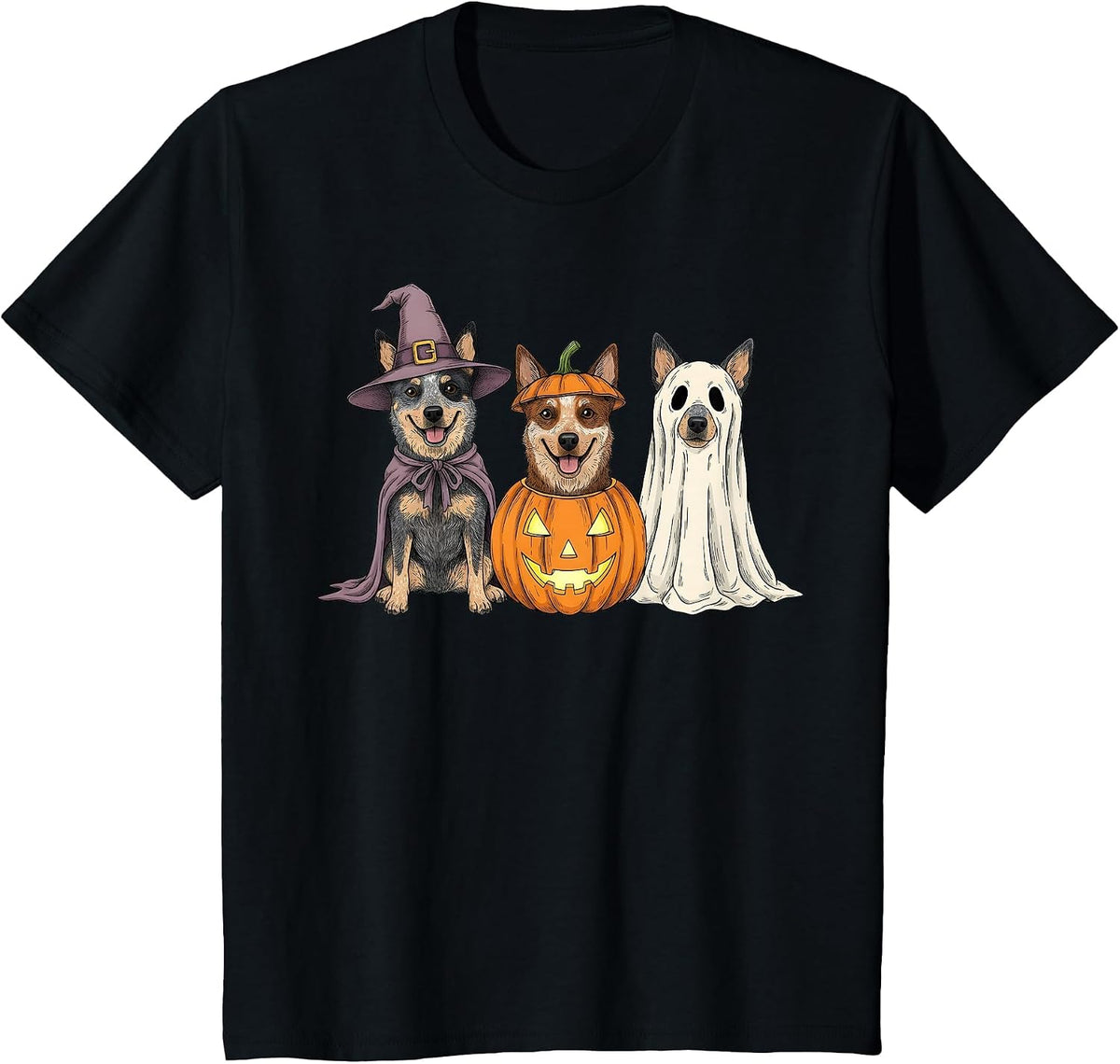 Spooky Ghost Blue Heeler Pumpkin Halloween Dog Lover T-Shirt - Black