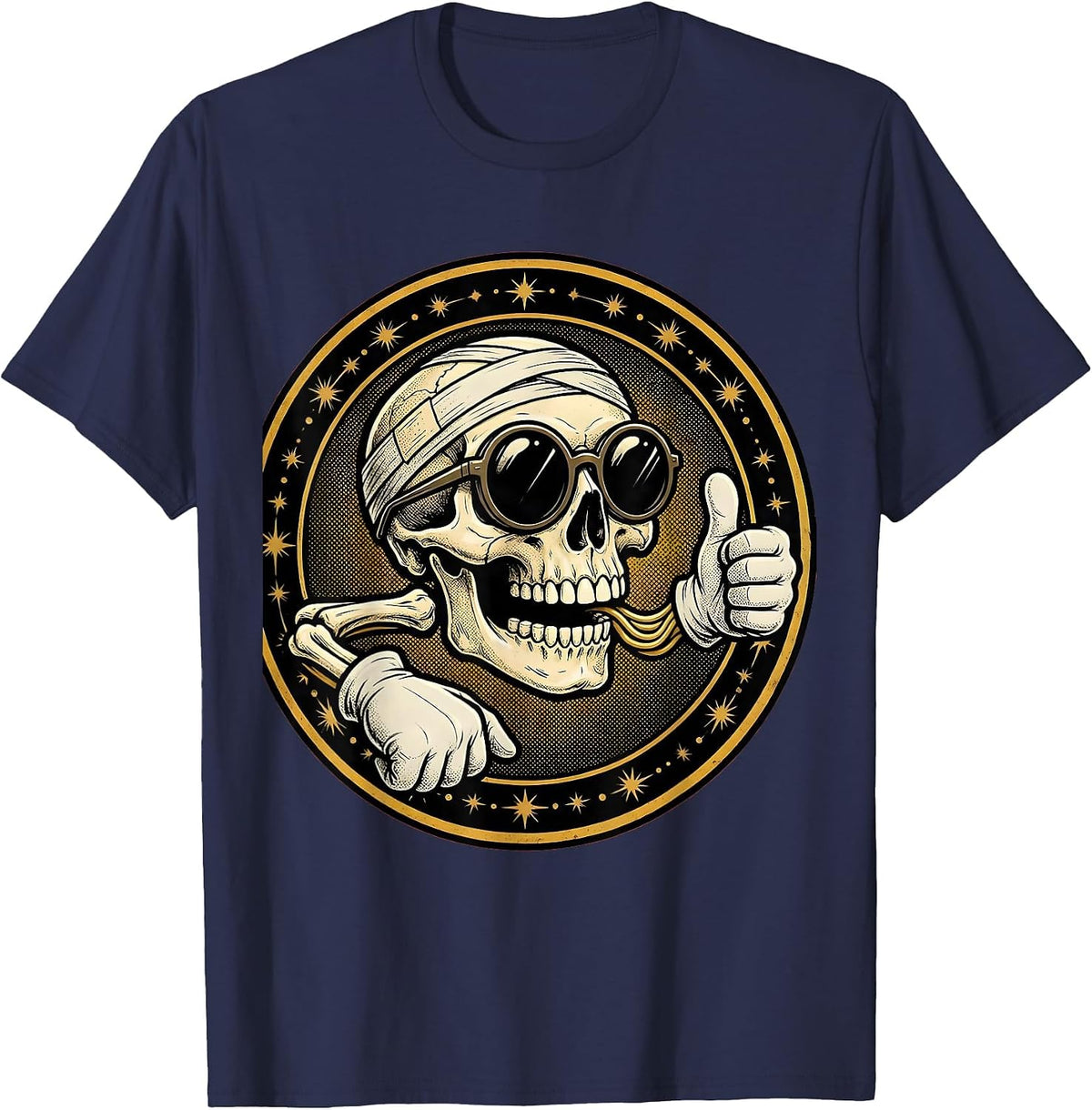 Cool Skull Bandaged Sunglasses Grinning Graphic T-Shirt - Navy Blue