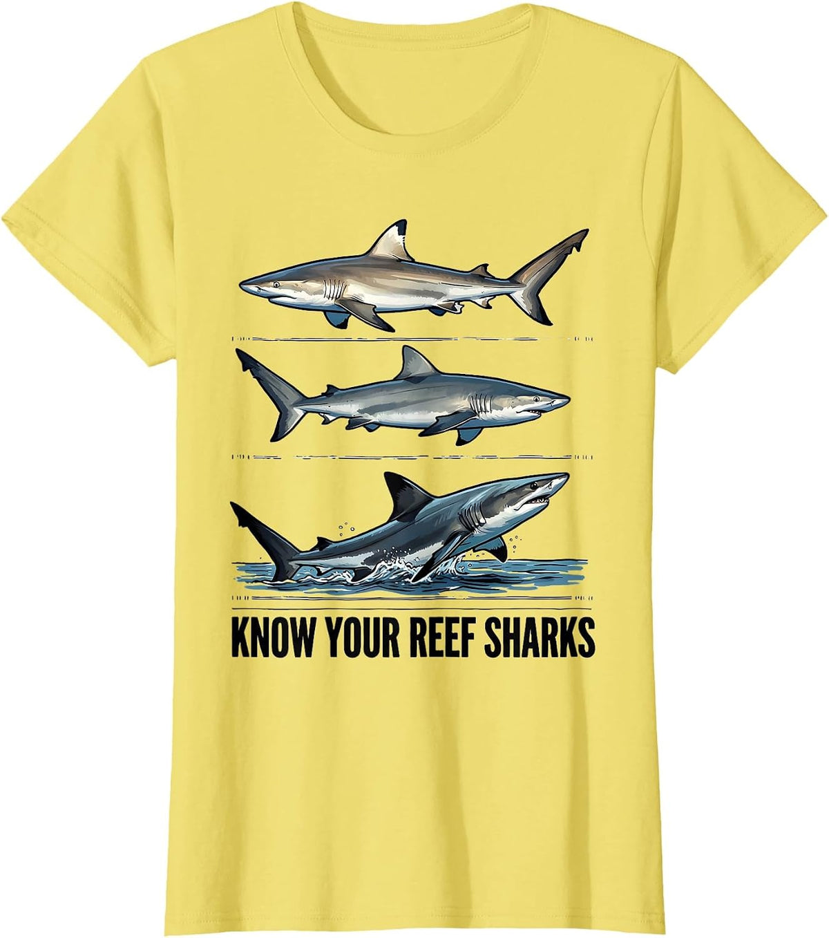 Know Your Reef Sharks Funny Shark Lover Ocean Wildlife Humor T-Shirt - Lemon Yellow