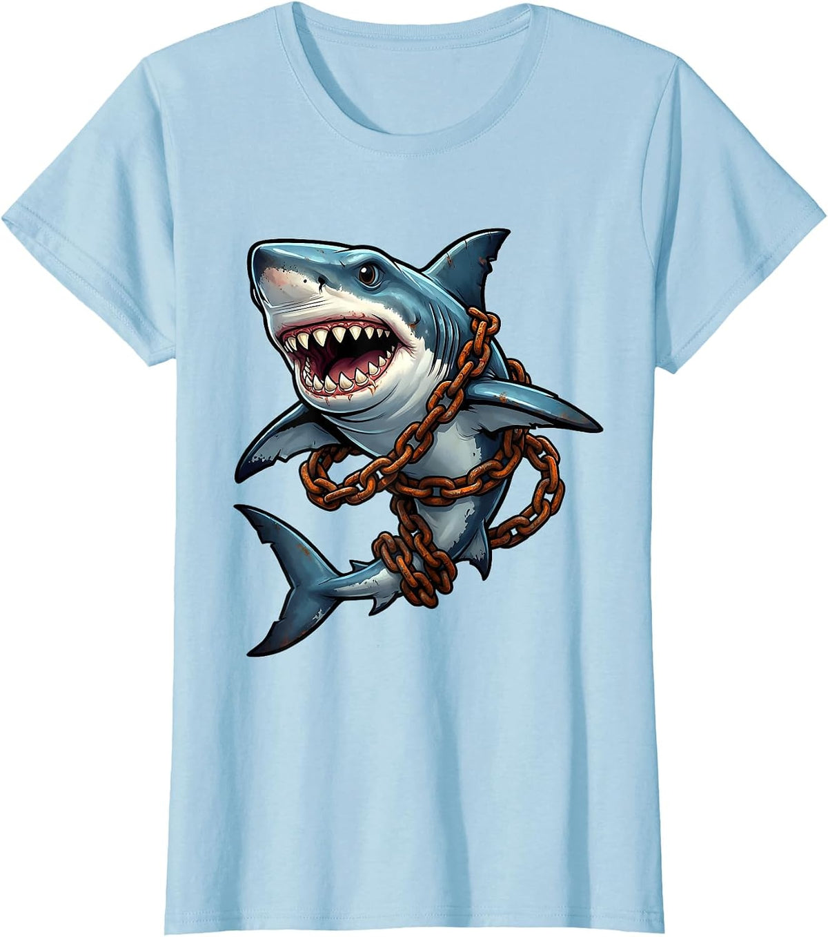 Shark Wrapped in Anchor Chain Graphic T-Shirt - Baby Blue