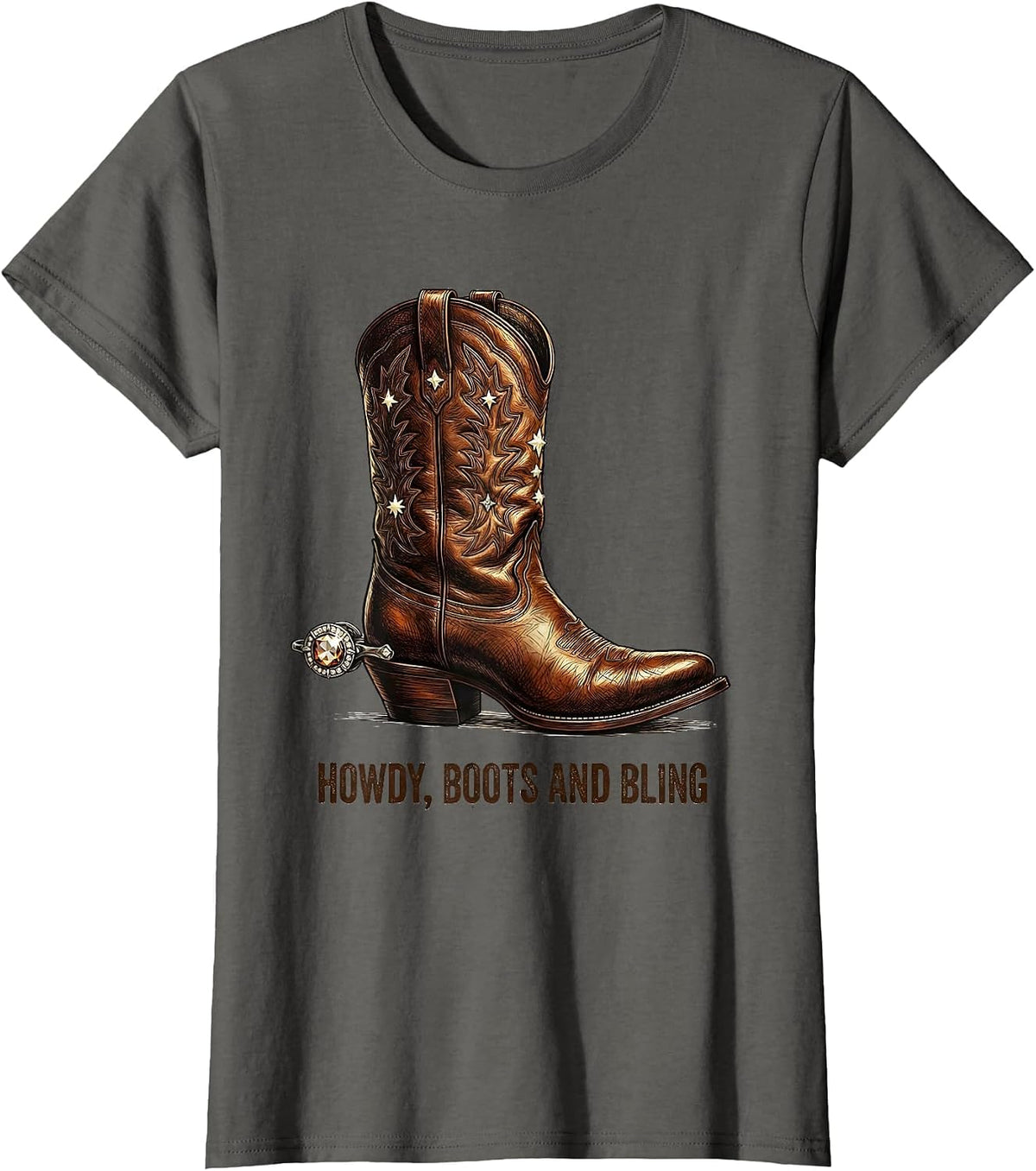 Women's Howdy Boots and Bling Funny Cowgirl Western Rodeo Gift T-Shirt - Asphalt Grey