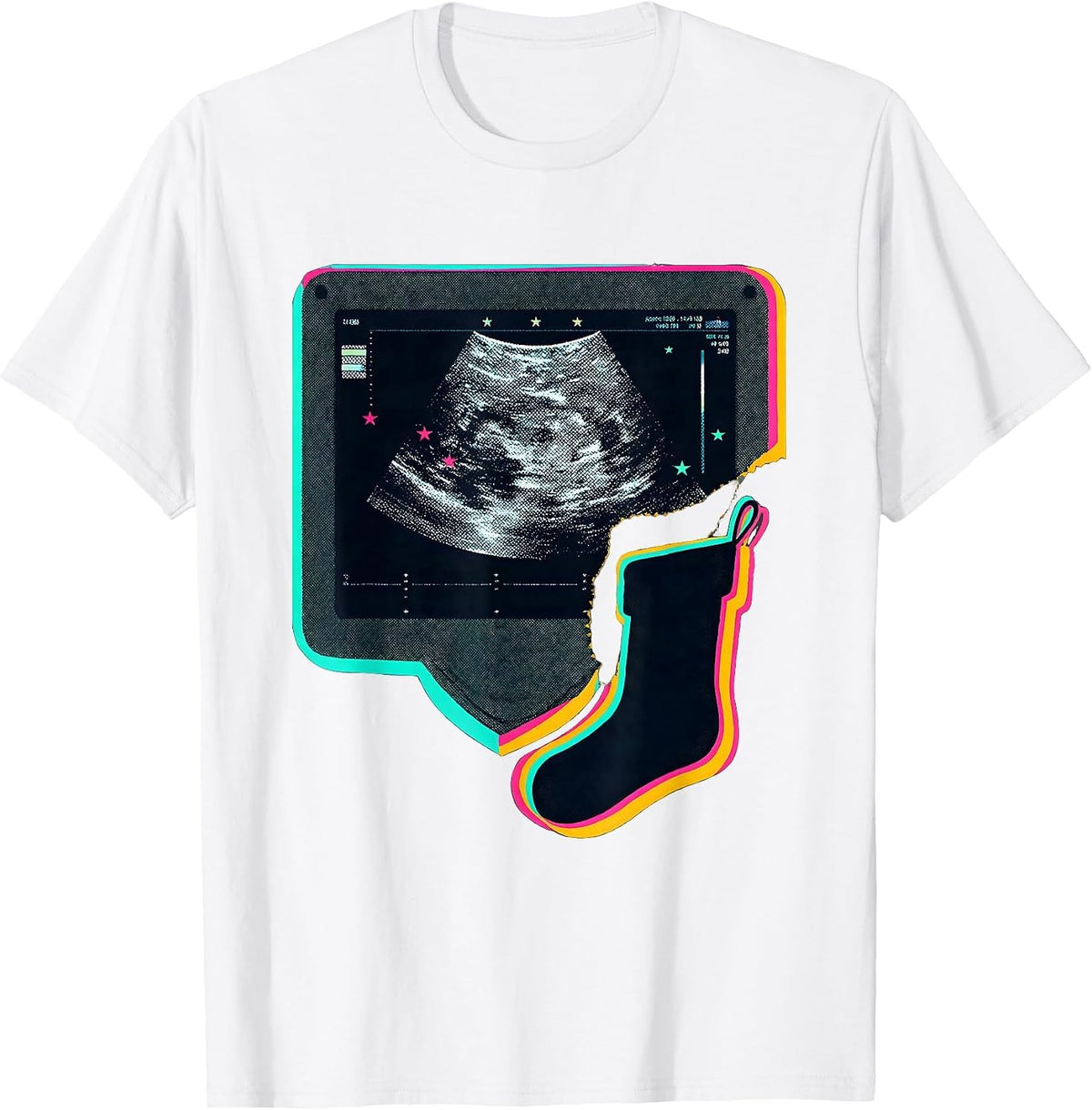 Men's Dark Ultrasound Console Christmas Stocking Sonographer Humor T-Shirt - White