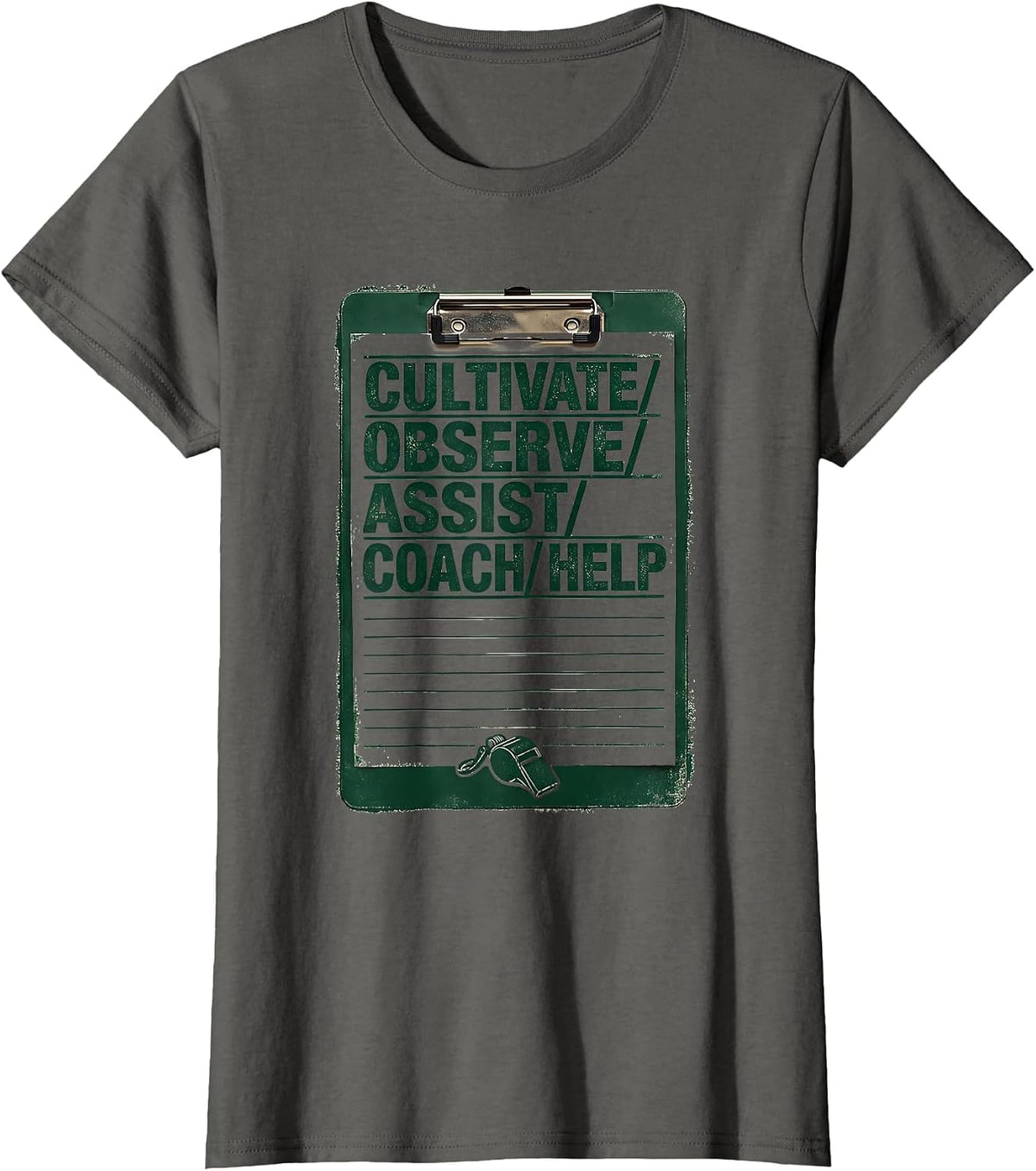 Women's CULTIVATE OBSERVE ASSIST COACH HELP Rubber Stamp Coach T-Shirt - Asphalt Grey