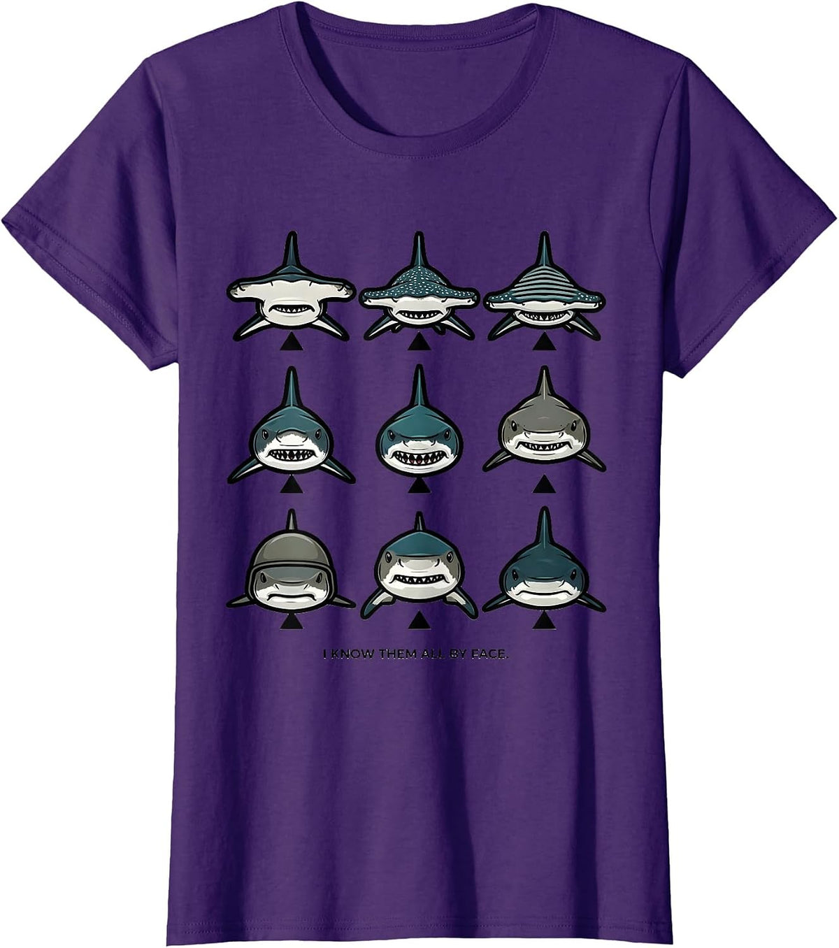 Women's I Know Them All By Face Flat Shark Species Ocean Wildlife T-Shirt - Purple